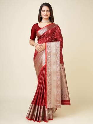 Blood Red Banarasi Silk Saree with Zari Border – Elora
