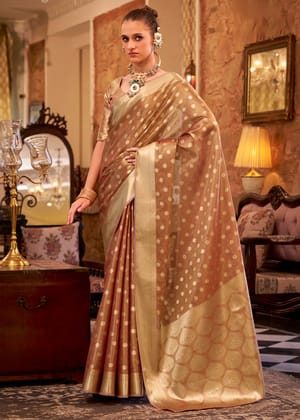 Plum Peach Woven Banarasi Tissue Silk Saree