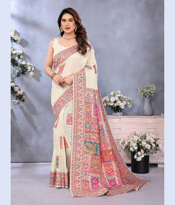 Sidhidata Jacquard Printed Pashmina Saree With Unstitched Blouse Piece ( Cream )