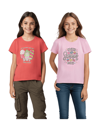 Girls T-Shirt Hibiscus Red / Bonbon Pink, Soft Cotton, Ages 7-14 (2pcs pack)