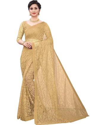 Saadhvi Net Embroidered Saree With Unstitched Blouse Piece ( Brown )