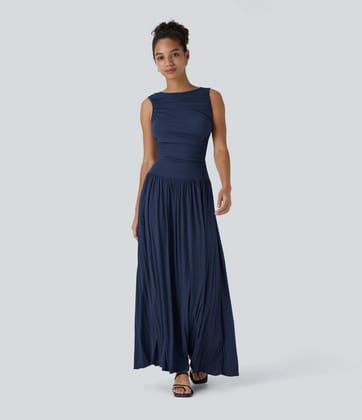 Boat Neck Asymmetric Strap Ruched Side Pocket Flowy Maxi Casual Dress-Gray / XS