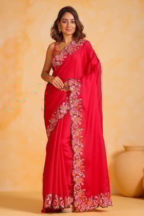 Red Embroidered Tussar Silk Saree