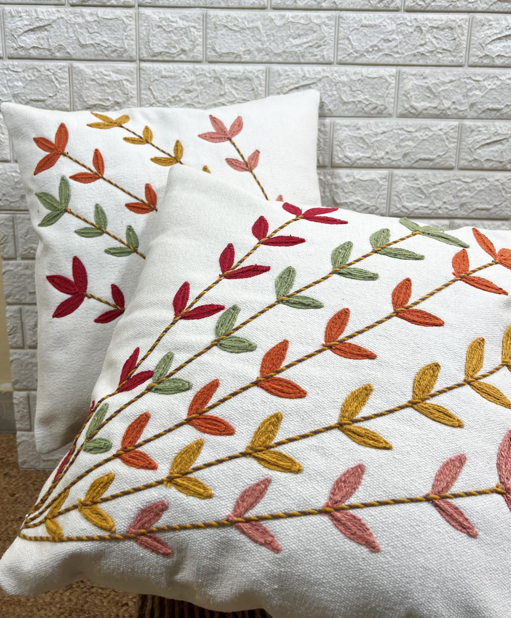 Indihomecraft Handicraft Cotton Cushion Cover - Hand Stitched Embroidery Decorative Art Boho Pillow Flower Leaf Hand Made Pillow Cover | Hand Stitch Square Shape 18X18 Inches Cushion Cover, Set of 2
