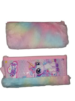 Unicorn Soft Fur Cotton Pouch Multipurpose Pencil Case for Girls Cute Fur Pouch Zipper Closer Storage Bag Travel Pouch Best Gift Pack of 1 (Pink) (Pink)