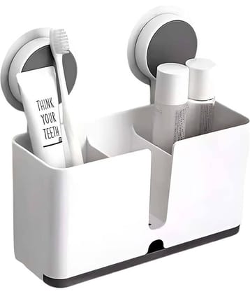 NCMART ABS Plastic Self Adhesive Magic Sticker Wall Mounted Toothbrush Holder with Drain Tray for Multipurpose/Kitchen Spoon Holder/Toothbrush Holders for Bathroom (Pack of 1) (White and Grey)