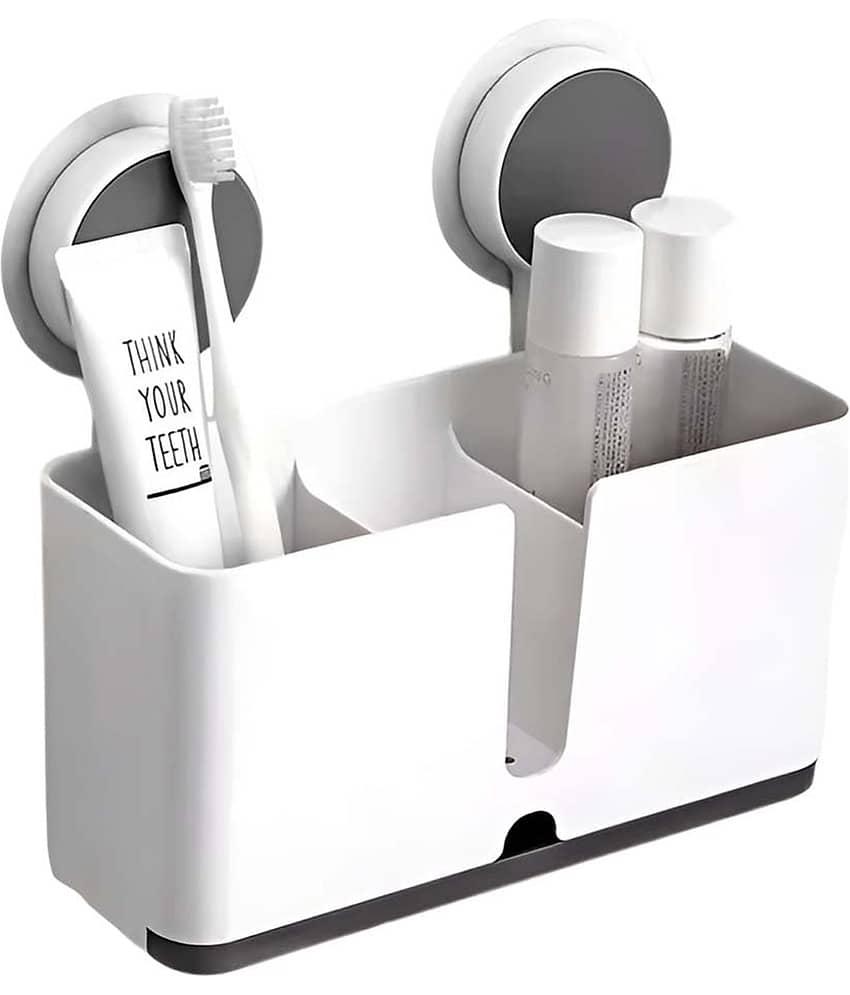NCMART ABS Plastic Self Adhesive Magic Sticker Wall Mounted Toothbrush Holder with Drain Tray for Multipurpose/Kitchen Spoon Holder/Toothbrush Holders for Bathroom (Pack of 1) (White and Grey)