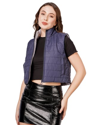 Blueficus  Women Reversible Quilted Crop Sleeveless Jacket | Women’s Polyester Reversible Puffer Vest for Casual & Outdoor Wear