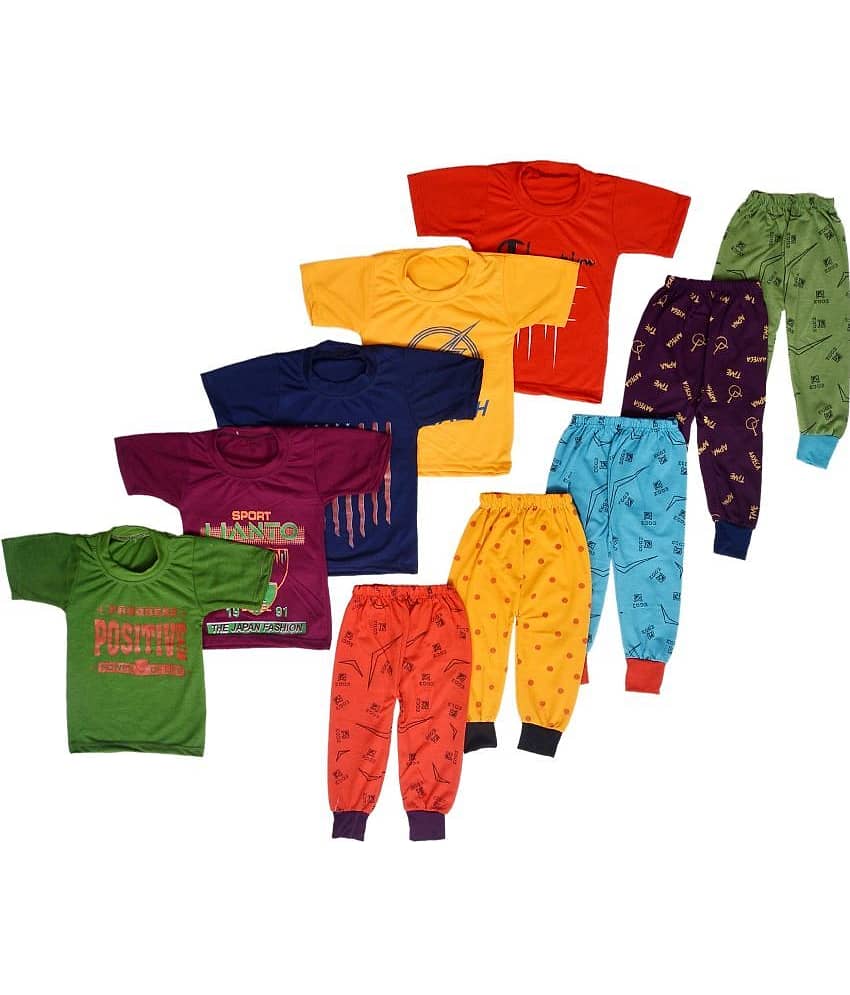 DIAMOND EXPORTER Pack of 5 Baby Boys Cotton Blend T-Shirt & Pyjama Set ( Multicolor )