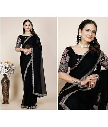 Gullak Chiffon Embroidered Saree With Unstitched Blouse Piece ( Black )