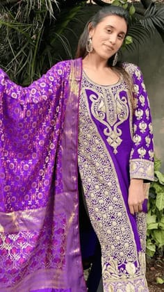 Pure Crepe Heavy Embroidered (Zardozi Tilla) Suit With Odhani in Violet Purples