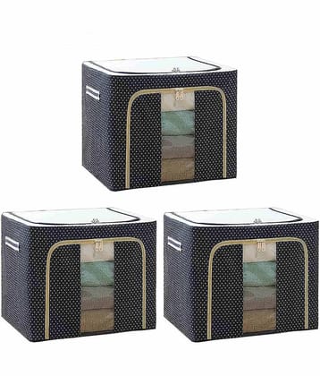 SKYVILLA  Storage Box and Organiser 66 Liter Wardrobe Organizer for Storage Foldable Steel Frame Storage organiser with Zipper with Clear Window & Handles Storage Bags for Clothes Large Pack of 3