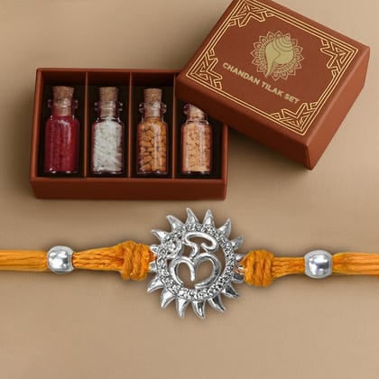 Pure 92.5 Traditional Om Silver Rakhi with Chandan Tilak Set