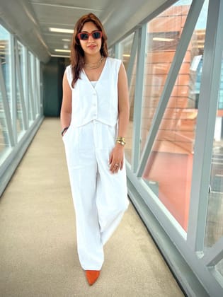 White Vest Waist Coat & Wide Leg Pants Coord Set-M / WHITE