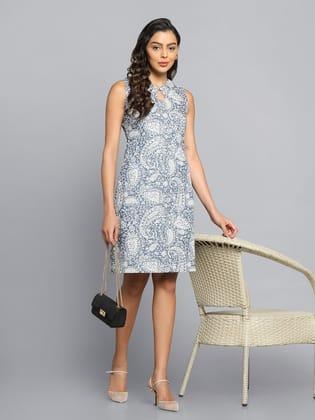 Denim Print Cotton Dress- Blue-Standard Size / 4XL