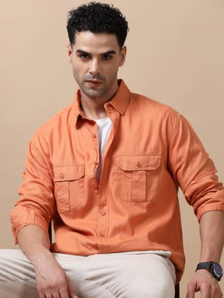 Premium Men Shirt, Relaxed Fit, Pure Cotton, Full Sleeve, Solid, Peach-S / Peach