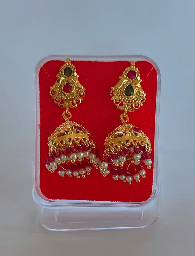 Gold Plated Pearl and Stone Jhumka Earrings