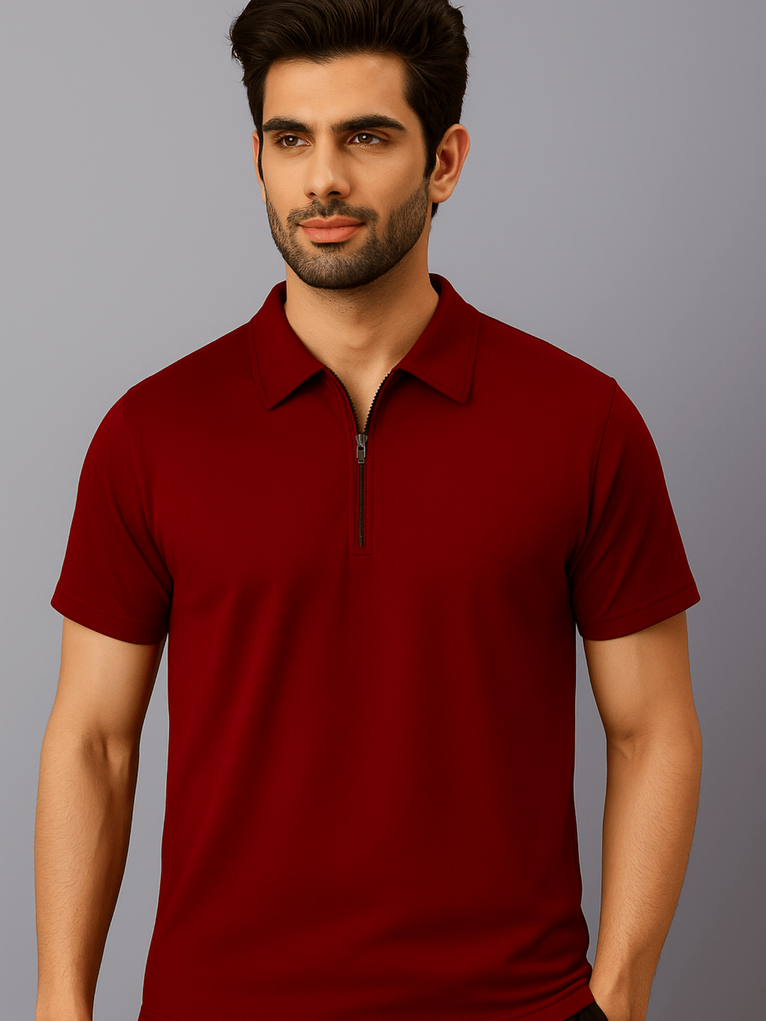 Crazybee Maroon Zipper Collar  T-shirt