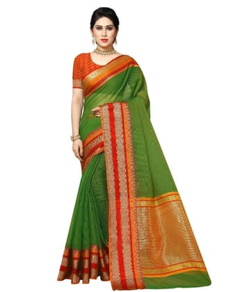 Generic Women's Kota Doria Cotton Border Saree With Blouse (Green, 5-6  Mtr)