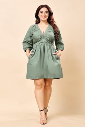 Sage Green Ruched Smock Dress-L / Green
