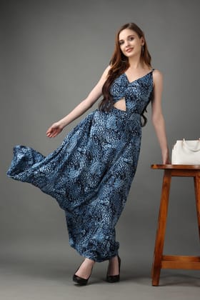 Blue Abstract Printed Back Tie Dress-L / Blue