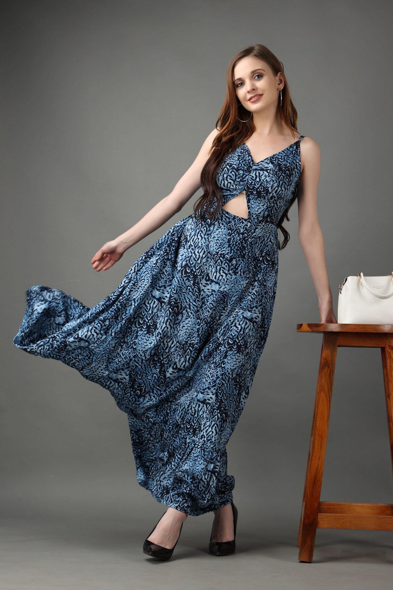 Blue Abstract Printed Back Tie Dress-L / Blue