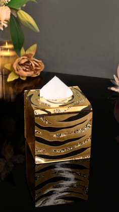 Black & Gold Rosette Sequins: Square Tissue Box