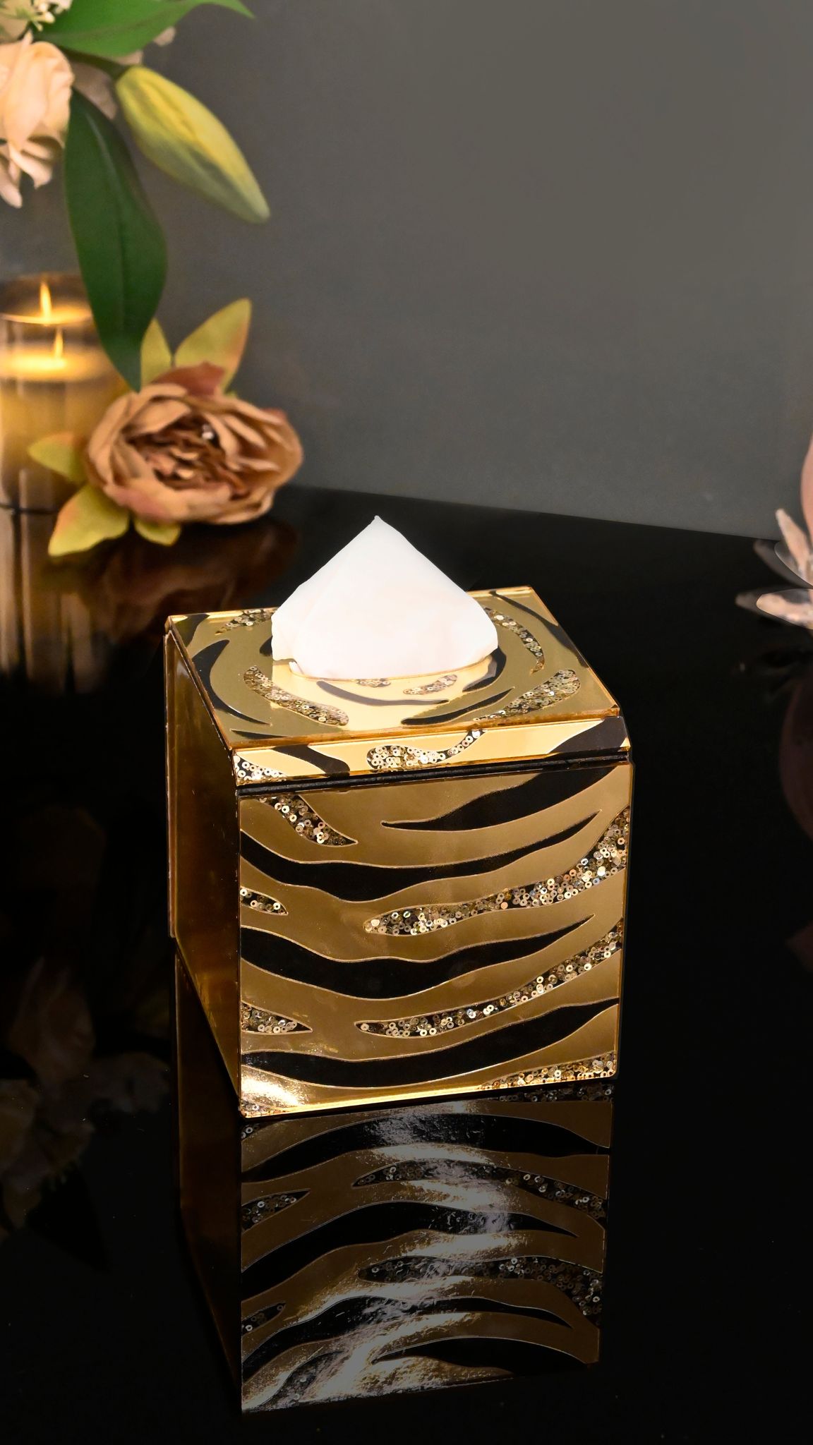 Black & Gold Rosette Sequins: Square Tissue Box