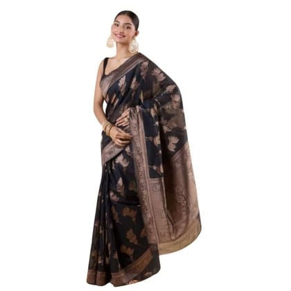 Women's Silk Printed Saree With Unstitched Blouse 5.5Mtr (Black)-PID60201