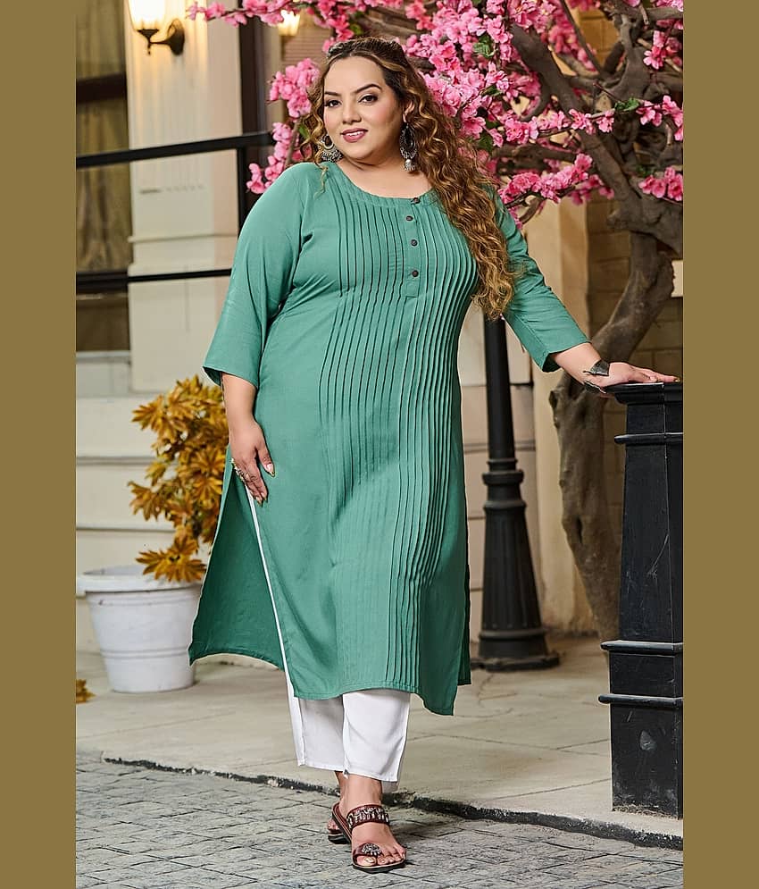 PrettyPlus by Desinoor.com Rayon Solid Straight Women's Kurti - Sea Green ( Pack of 1 )