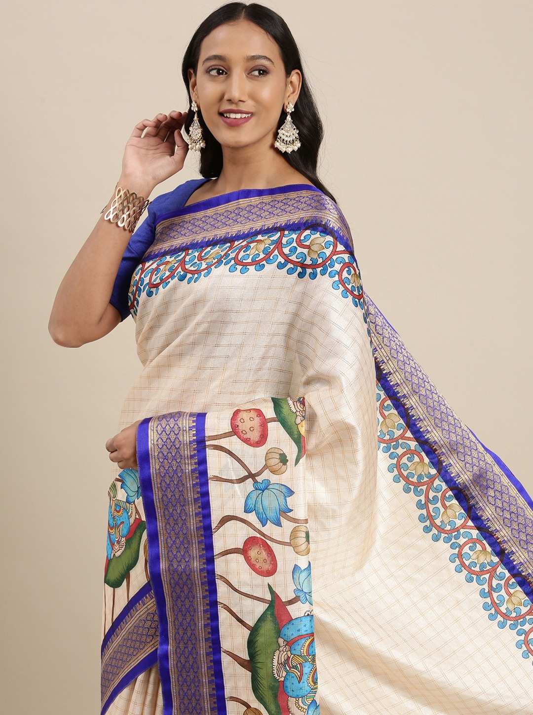 Yavira silk Women's Blue Printed Silk Blend Saree