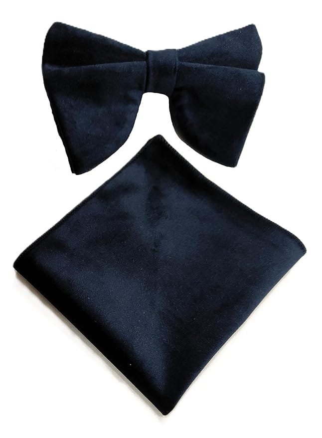 VOICI Men's Velvet & Satin oversized Bow & Pocket Square Tie Black Color Free Size best for Tuxido dinner jackets - Navy Velvet