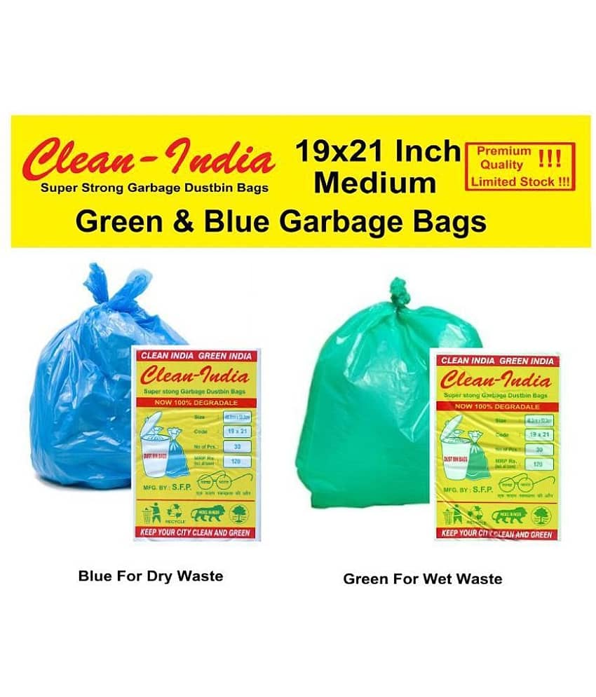C-I Green And Blue Garbage Bags - 2 packs (60 Pcs) - 1 packs of 30 Pcs (Green for wet waste) + 1 packs of 30 Pcs (Blue for dry waste) - 60 pcs - 19X21 Green and Blue Medium Disposable Garbage Trash Waste Dustbin Kitchen Bags & Covers