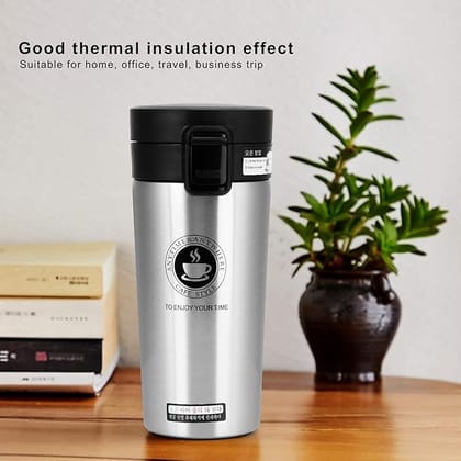Little Station Coffee Mug with Lid Double Wall Stainless-Steel Tea Coffee Mug Tumbler with Flip Lid Hot and Cold for 6 Hours, 350ml (Silver)