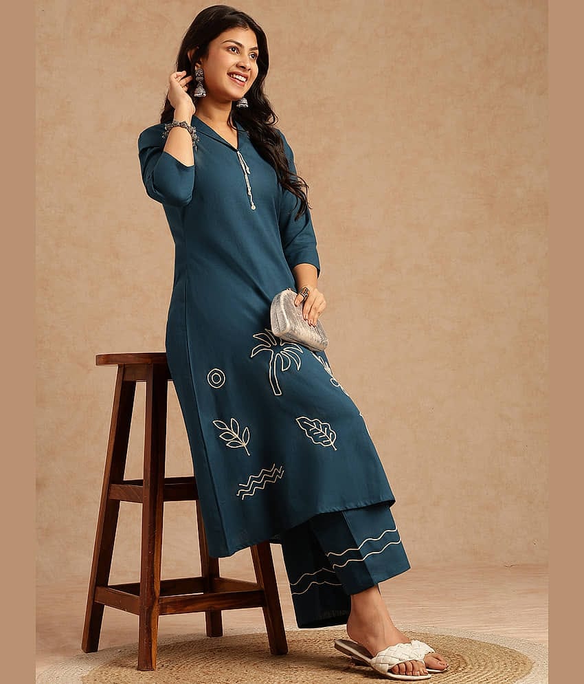 Vbuyz Women Cotton Embroidered A-line Kurti With Palazzo ( Teal )