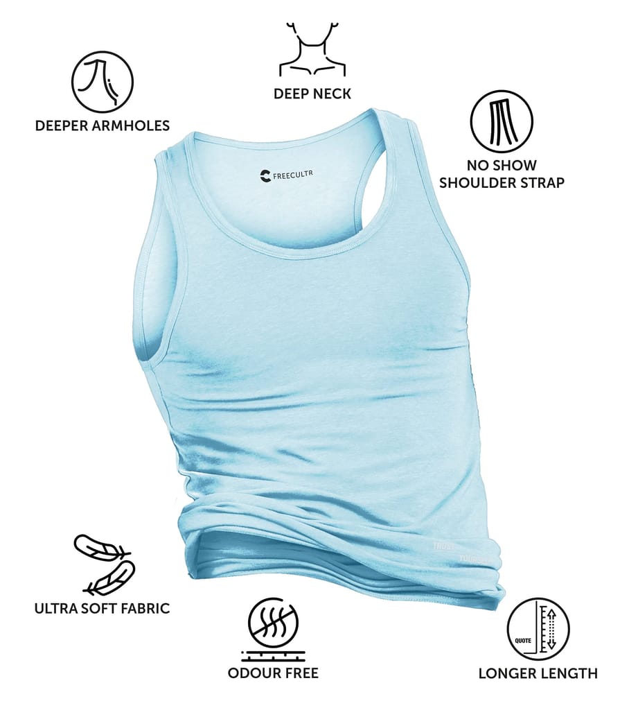 Freecultr Vest for Men | Bamboo Sleeveless, Super Soft Round Neck Gym Comfort Vest | Workout Regular Fit Innerwear | Breathable Sando with Long Hemline Pack of 1-Chalk Blue