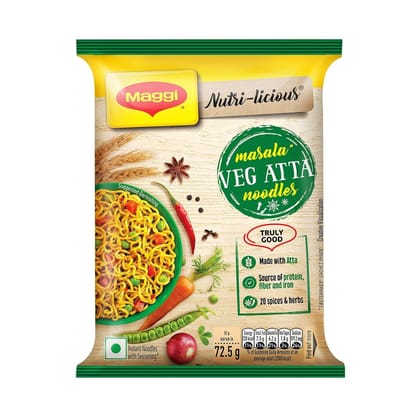 MAGGI Nutri-Licious Veg Atta Masala Noodles,Instant Noodles with 20 Spices & Herbs,Source Of Fibre & Iron,Atta Noodles with Appetizing Aroma & Delicious Taste,72.5 gramsram Pouch
