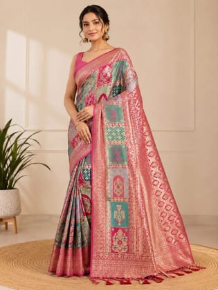 Bandhani saree green and red