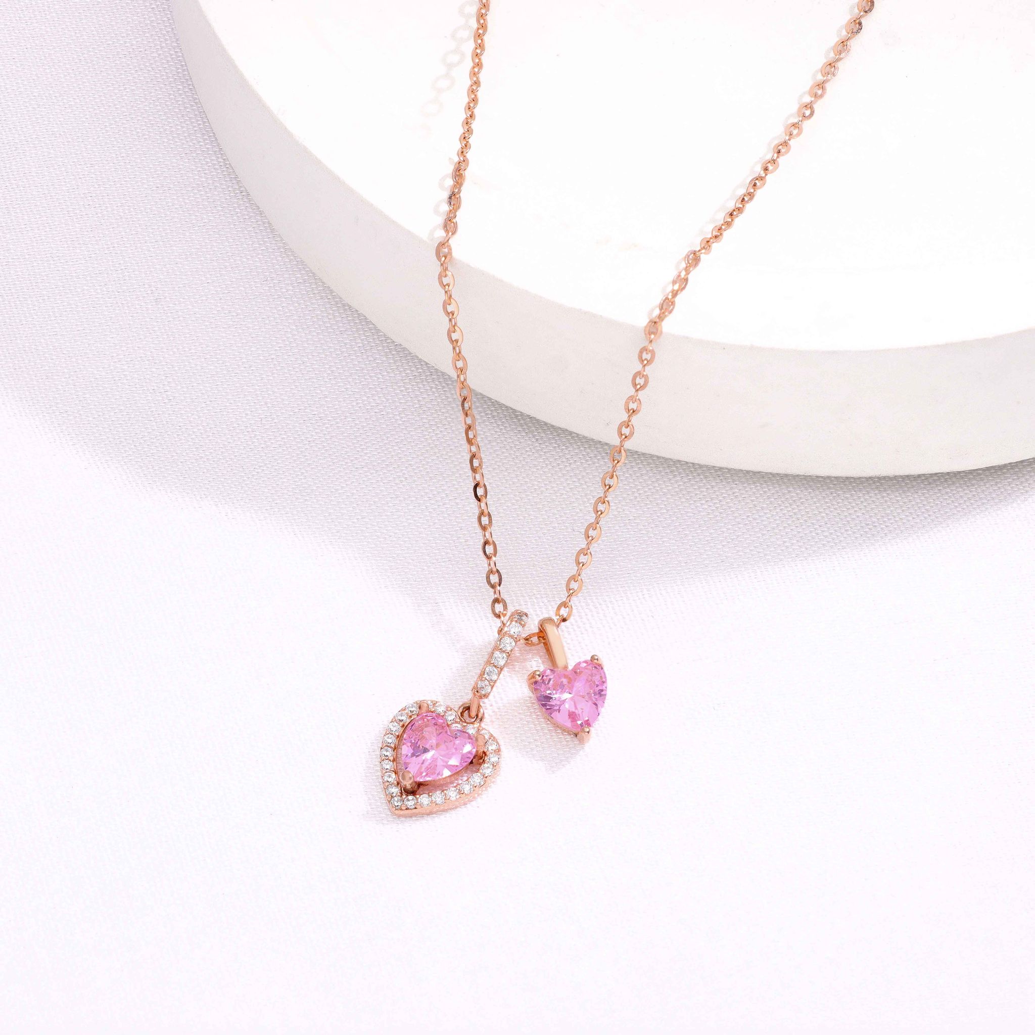 Sterling Silver Rose Gold Twin Heart Necklace-Pink Stone / Rose Gold
