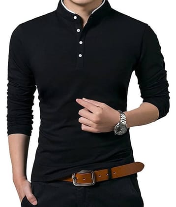 Alexender Cotton Regular Fit Solid Full Sleeves Men's Mandarin Collar T-Shirt - Black ( Pack of 1 )