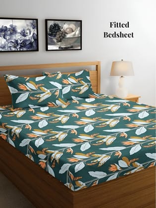 Green & Orange Floral 300 TC Fitted King Bedsheet with 2 Pillow Covers