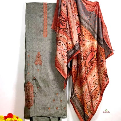 Designer Suit Piece With Embroidery & Printed Malmal Cotton Dupatta