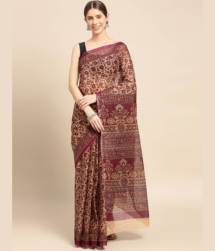 SHANVIKA Cotton Printed Saree Without Blouse Piece ( Beige )