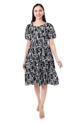 MR ANDERSON’S Geometric Print Midi Dress with Puff Sleeves & V-Neck, Knee Length