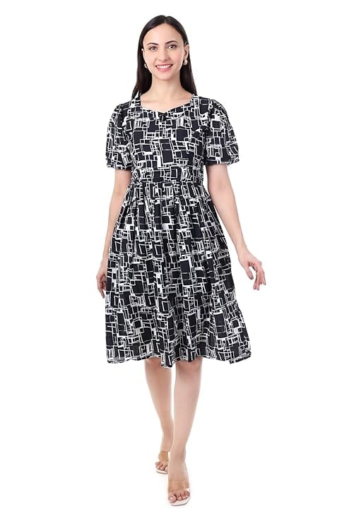 MR ANDERSON’S Geometric Print Midi Dress with Puff Sleeves & V-Neck, Knee Length