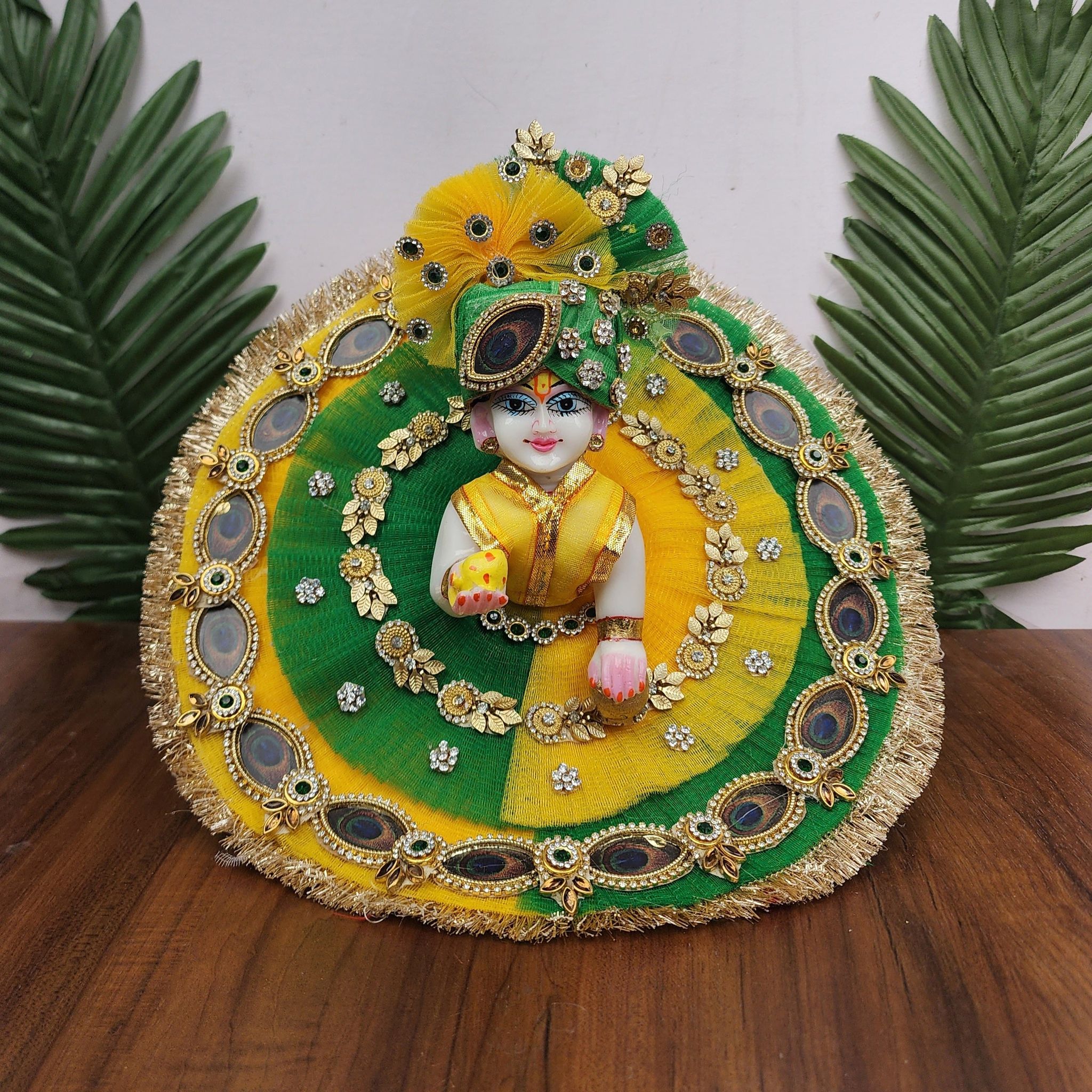 Green Yellow double frill Heavy Dress for laddu gopal ji with pagdi-0
