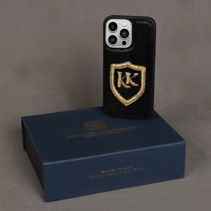Personalized "KK" Zardosi Initial on Genuine Leather Apple Mobile Cover-14ProMax