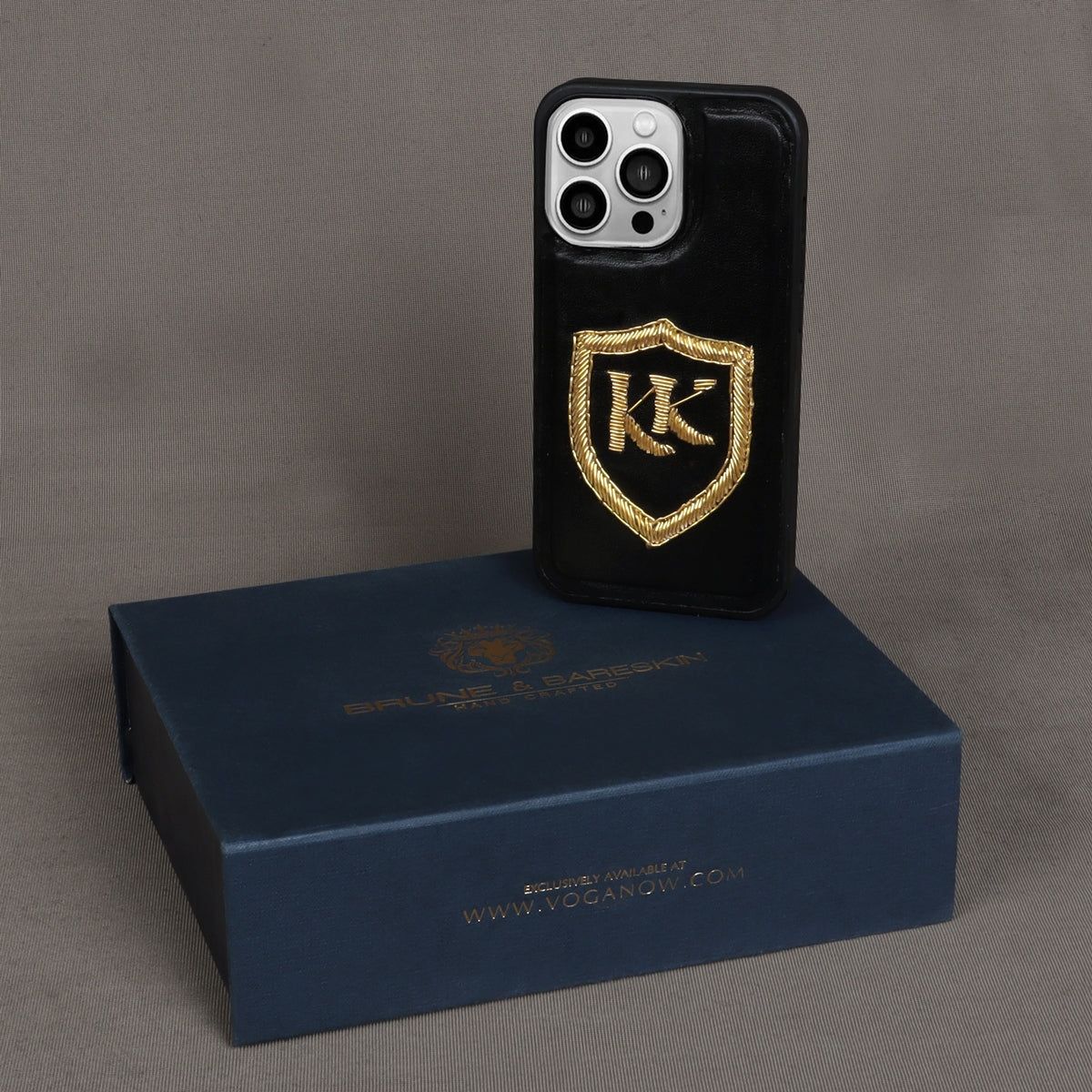 Personalized "KK" Zardosi Initial on Genuine Leather Apple Mobile Cover-14ProMax