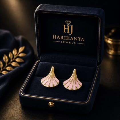 Elegant Leaf Design Stud Earrings with Pink Enamel Party Wear for Women & Girls