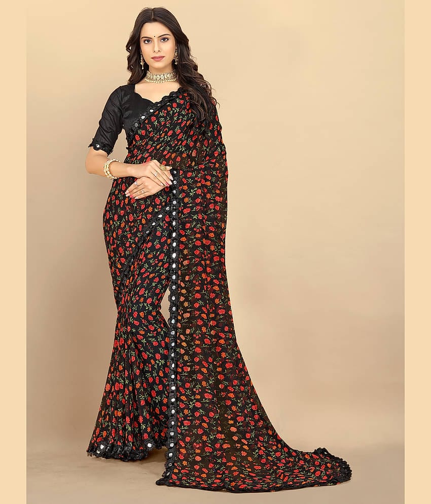 BLEESBURY Georgette Printed Saree With Unstitched Blouse Piece ( Black )
